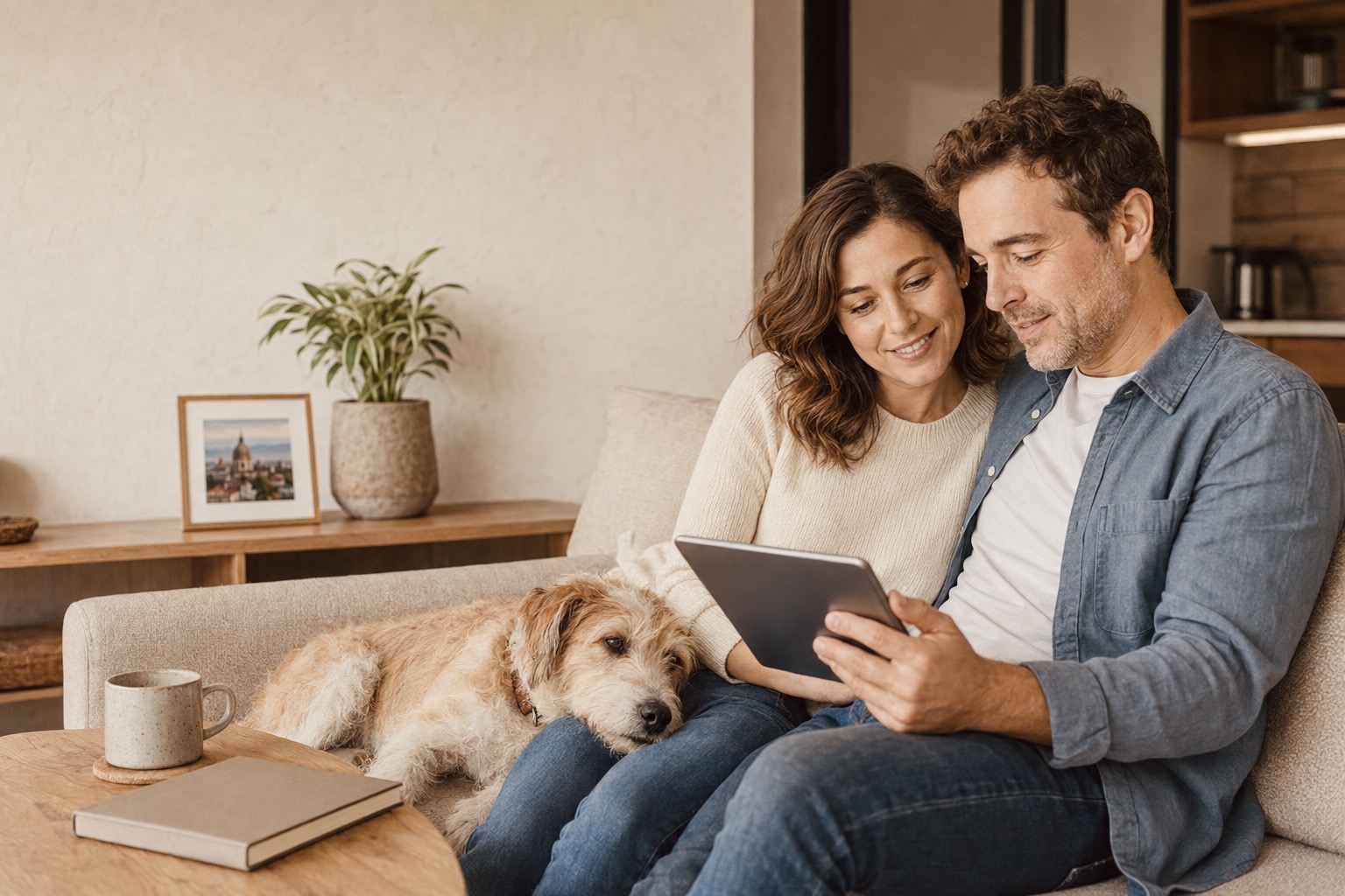 Pareja mexicana relajada en la sala de su casa revisando opciones en una tablet